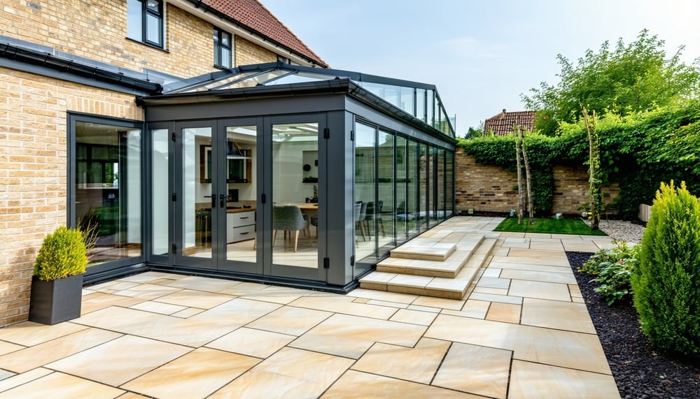 Modern conservatory and landscaped garden by Essex Living Spaces