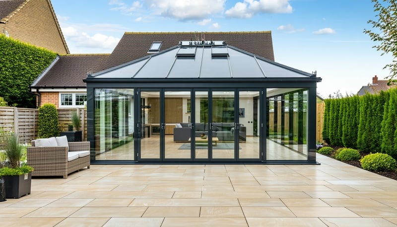 A modern conservatory and landscaped garden by Essex Living Spaces