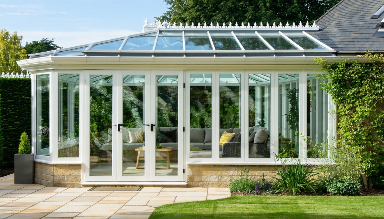 Modern conservatory with glass roof and garden view