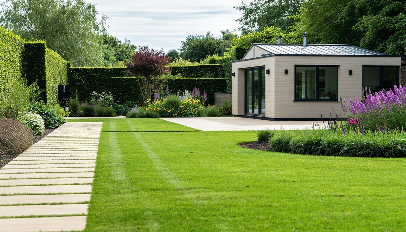 Landscaped garden with modern outbuilding